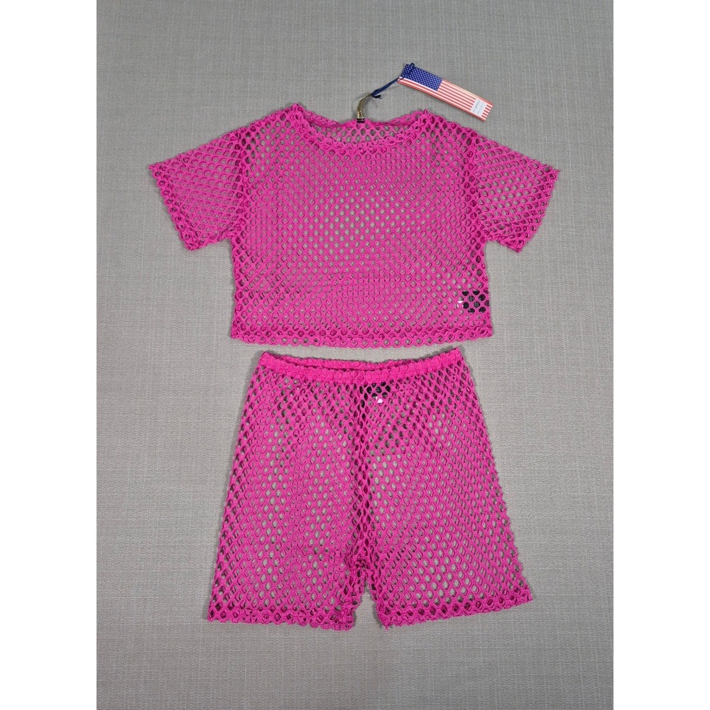 Pink Lightweight Mesh Fishnet 2 Piece Crop Top and Shorts Set Womens Small